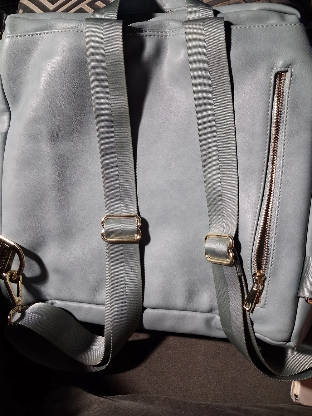 FAWN DESIGN Baby Blue Vegan Leather 13 Pock. Diaper/Backpack with Gold Hardware